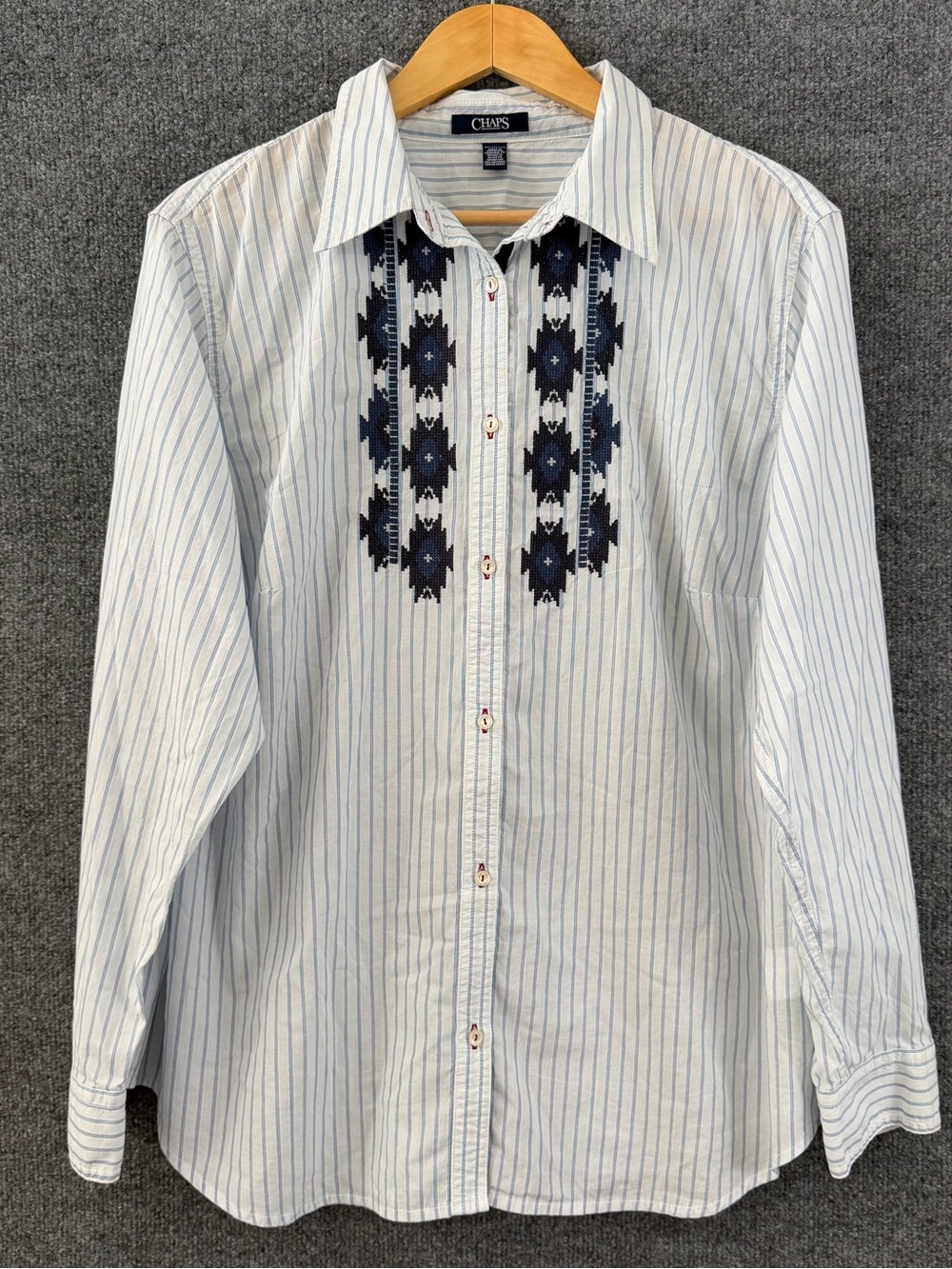 Chaps Womens 2X Embroidered Striped Button Up Top White Blue Office Boho Career